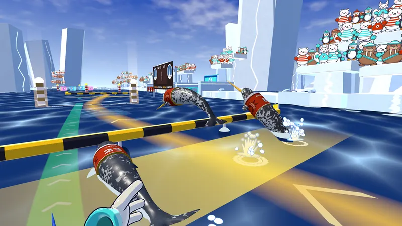 Riding a narwhal over a hurdle in the Floe Run race